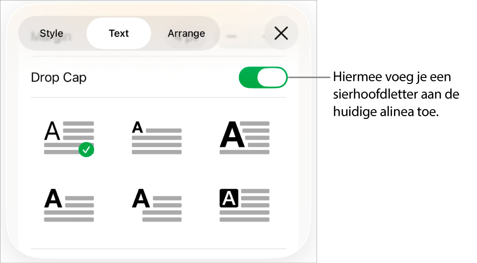 De regelaars voor sierhoofdletters in het menu 'Tekst'.