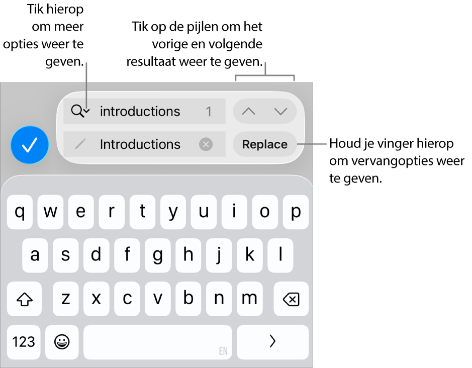 De zoek- en vervangregelaars boven het toetsenbord met uitleg bij de knop voor zoekopties, de knop 'Vervang' en de knoppen met een pijl-omhoog en pijl-omlaag.
