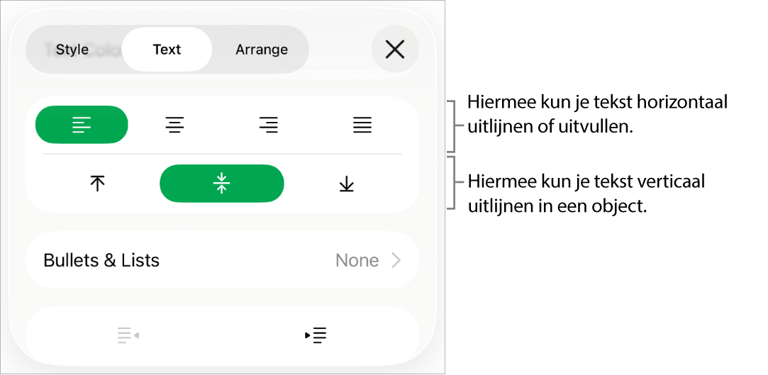 Het gedeelte 'Lay-out' van het infovenster 'Opmaak' met uitleg bij tekstuitlijn- en afstandsknoppen.