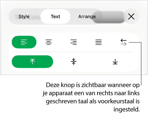 Het gedeelte 'Stijl' van het opmaakmenu met uitleg bij de knop voor rechts naar links.