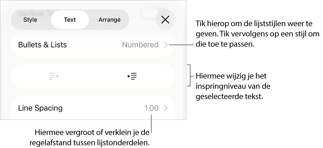 Het gedeelte 'Ops.tek./lijsten' van de opmaakregelaars met uitleg bij 'Ops.tek./lijsten', de inspringknoppen en de regelaars voor de regelafstand.