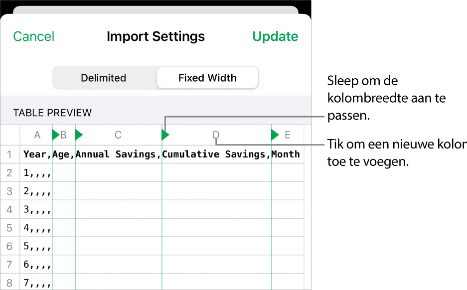De importinstellingen voor een tekstbestand met vaste breedte.