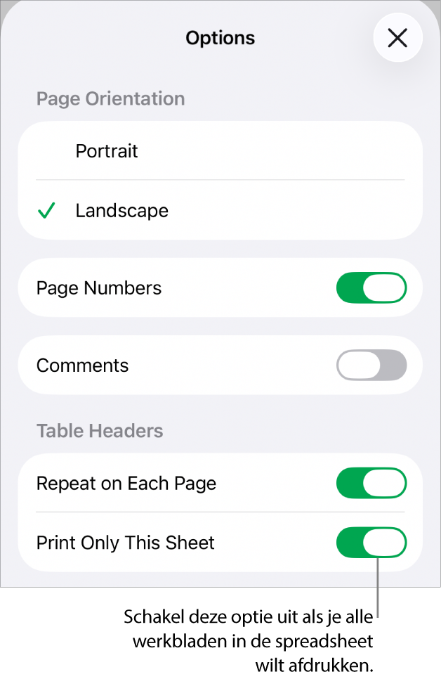 Afdrukopties om de paginarichting te kiezen, paginanummers en kopteksten weer te geven, het papierformaat te kiezen en om te bepalen welke pagina's je wilt afdrukken.