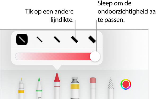 Regelaars voor het kiezen van een lijndikte en een schuifknop voor het aanpassen van de ondoorzichtigheid.