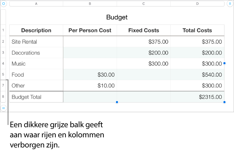 Een dikkere grijze balk die aangeeft waar rijen en kolommen verborgen zijn