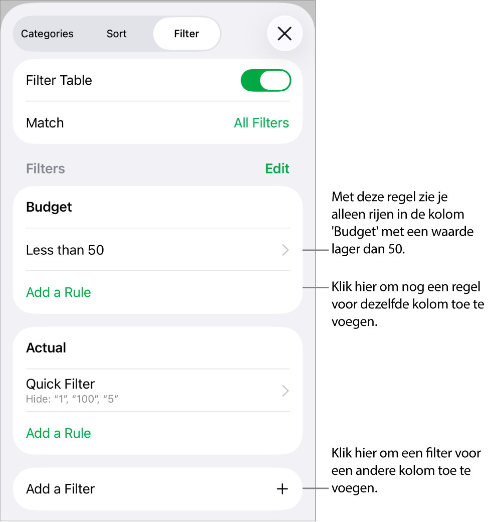 Regelaars voor het toevoegen van nieuwe filterregels of het wijzigen van bestaande regels.
