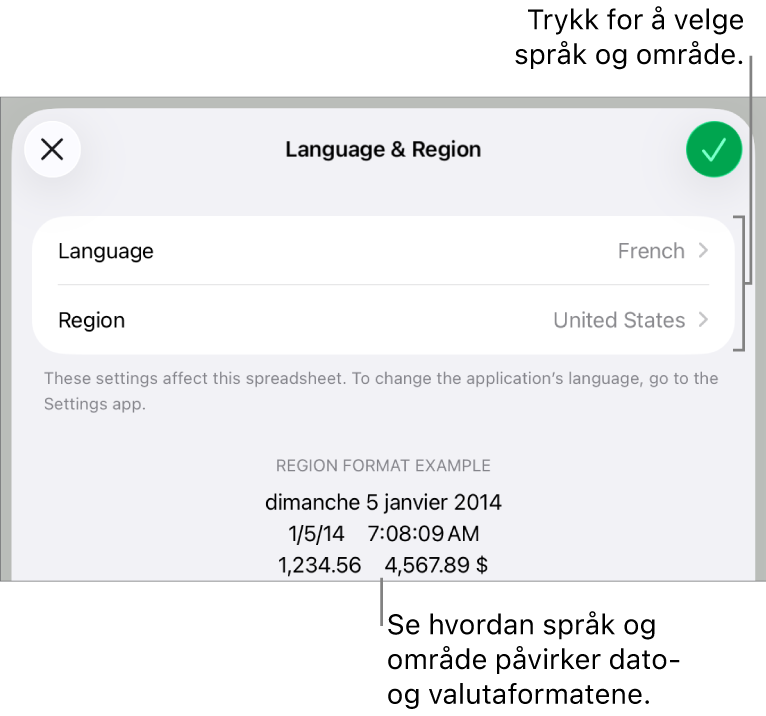 Språk og område-panelet med kontroller for språk og område, og et formateksempel med dato, klokkeslett, desimaler og valuta.