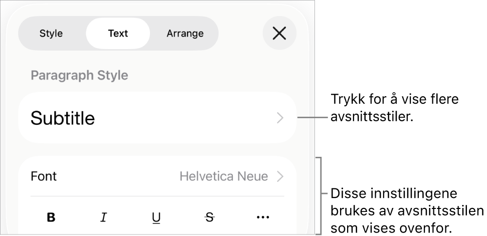 Format-menyen som viser tekstkontroller for å angi avsnitts- og tegnstiler, font, størrelse og farge.