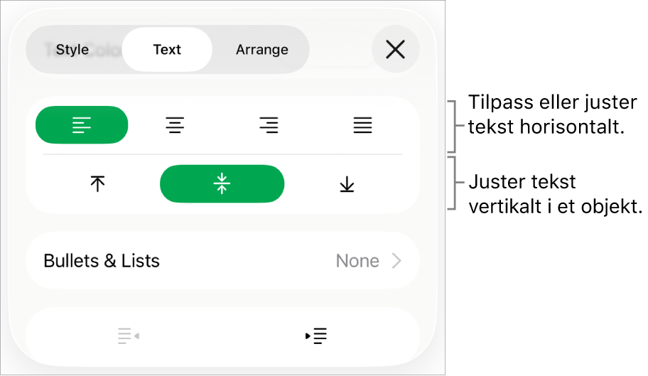 Layout-delen i formatinspektøren, med bildeforklaringer for tekstjusterings- og avstandsknappene.