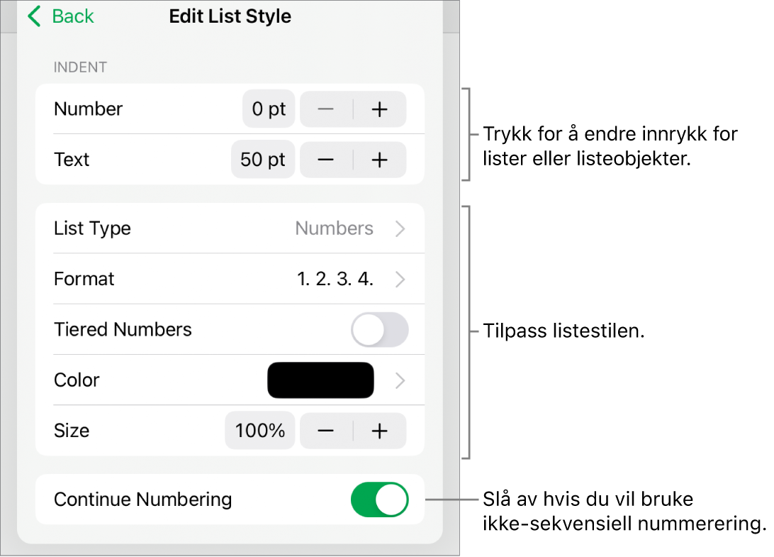 Rediger listestil-meny med kontroller for innrykk, listetype og -format, nivåinndelt nummerering, listefarge og -størrelse og fortsatt nummerering.