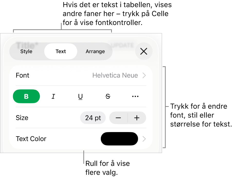 Tekstkontroller i Format-menyen for å angi avsnitts- og tegnstiler, font, størrelse og farge.