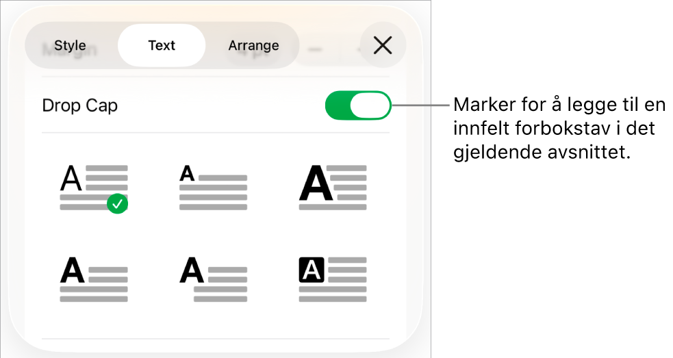 Innfelt forbokstav-kontrollene vises i Tekst-menyen.