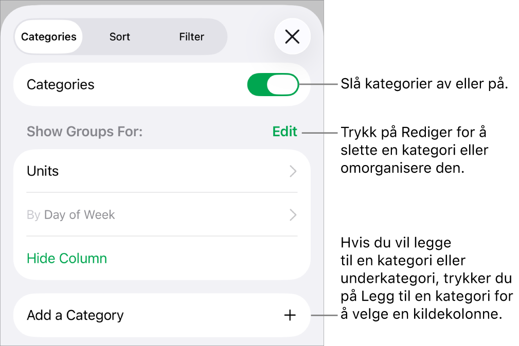 Kategorier-menyen for iPhone med alternativer for å slå av kategorier, slette kategorier, omgruppere data, skjule en kildekolonne og legge til kategorier.
