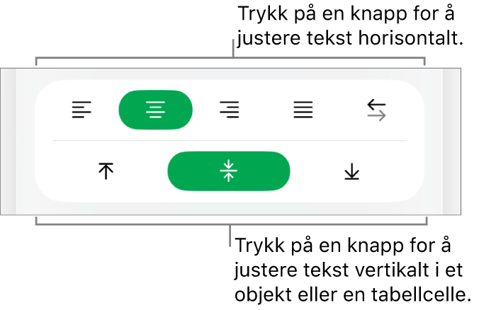 Knapper for horisontal og vertikal justering av tekst.