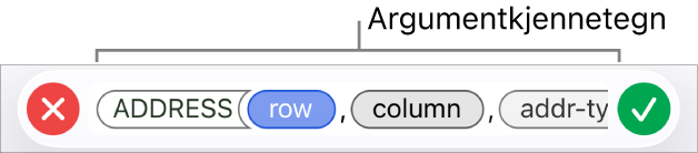 Formelredigering, som viser en funksjon med argumentelementer.