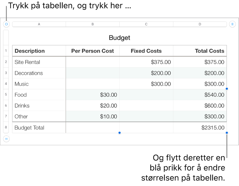 En markert tabell med blå prikker for å endre størrelsen.
