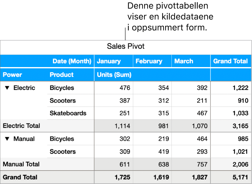 En pivottabell med oppsummerte data for sykler, scootere og rullebrett, og kontroller for å vise utvalgte data.