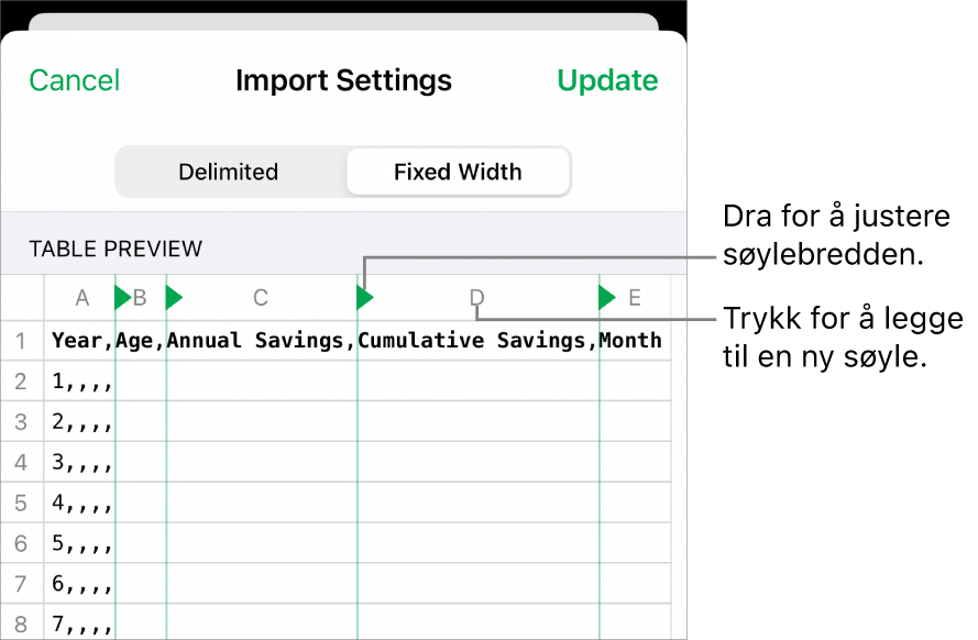 Importinnstillingene for en tekstfil med fast bredde.