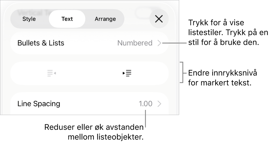 Punkttegn og lister-delen i Format-kontroller med bildeforklaringer for Punkttegn og lister, utrykk- og innrykk-knapper og linjeavstandskontroller.