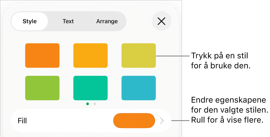 Stil-fanen i Format-menyen, med figurstiler øverst og et fargefelt for fyll under.