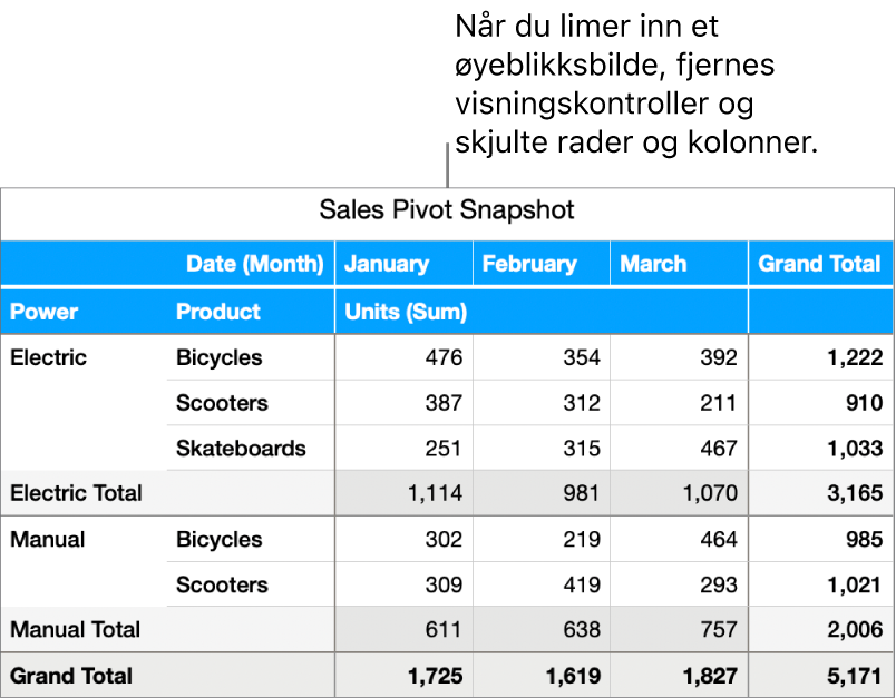 Et øyeblikksbilde av en pivottabell
