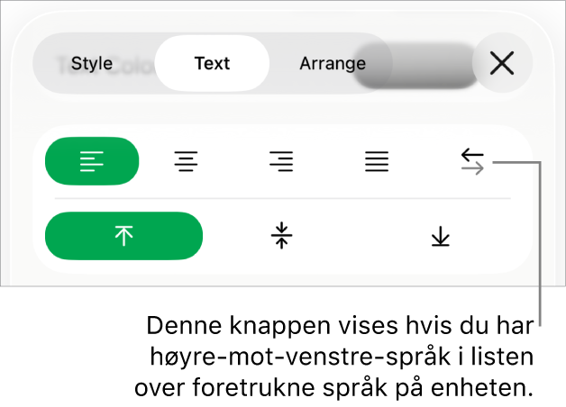 Stil-delen for Format-menyen med en bildeforklaring for Høyre til venstre-knappen.