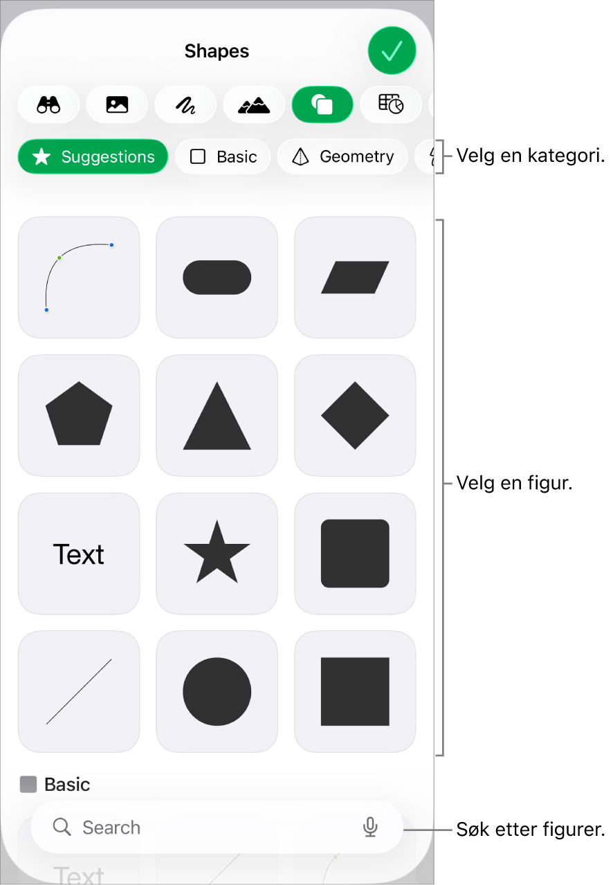 Figurbiblioteket, som viser kategorier øverst og figurer nedenfor. Du kan bruke søkefeltet øverst til å finne figurer, og du kan sveipe for å se mer.