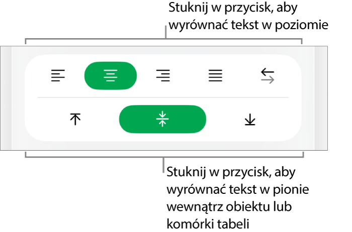 Przyciski wyrównywania tekstu w poziomie i w pionie.