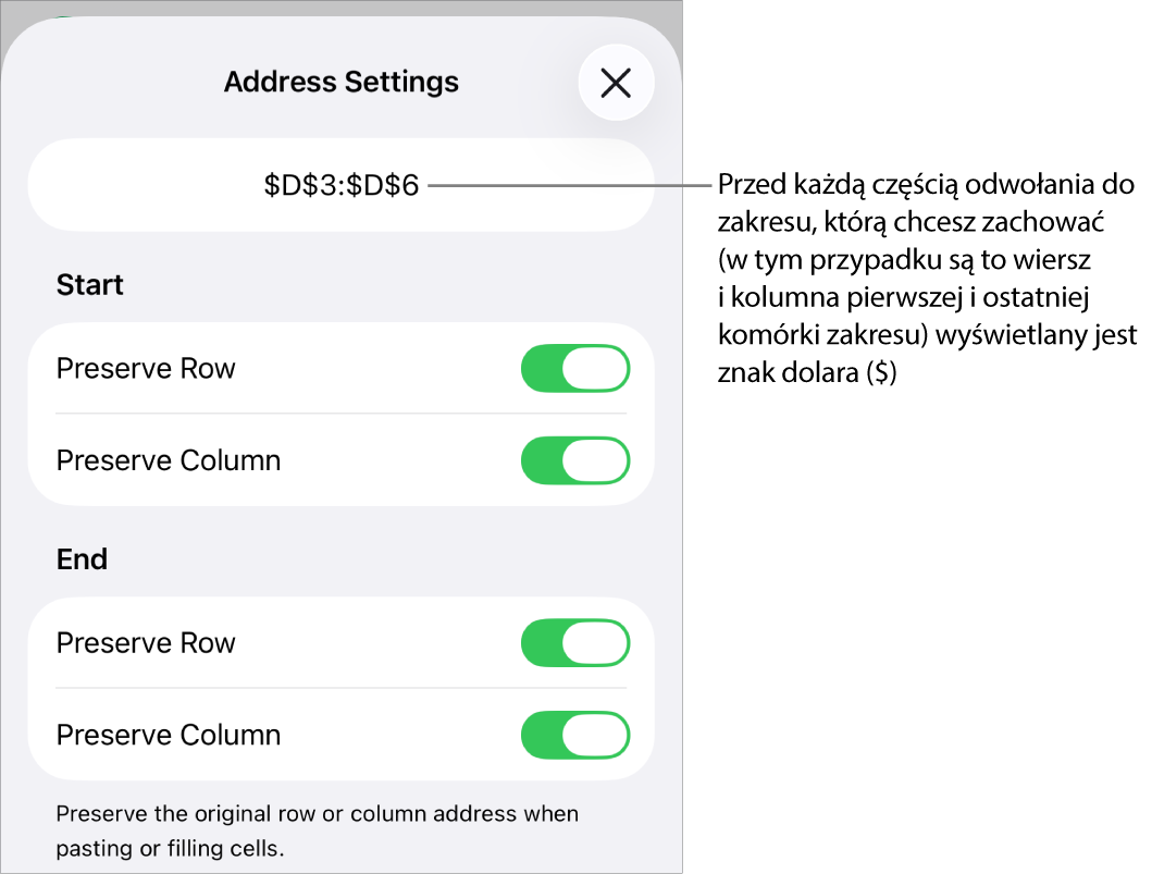 Narzędzia pozwalające na ustawienie, które z odwołań do wiersza i kolumny mają być zachowywane podczas przenoszenia lub kopiowania komórki. Przed każdą częścią odwołania, która ma być zachowywana, widoczny jest znak dolara.