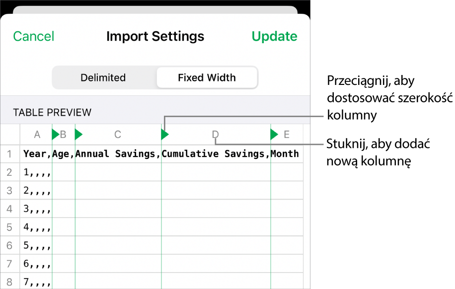 Ustawienia importowania pliku tekstowego o stałej szerokości.