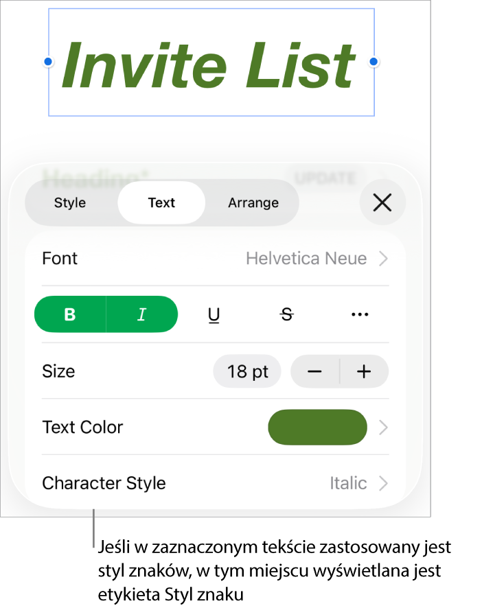 Narzędzia formatowania tekstu oraz menu stylów znaków widoczne poniżej narzędzi koloru. Styl znaków Brak wyświetlany jest z gwiazdką.