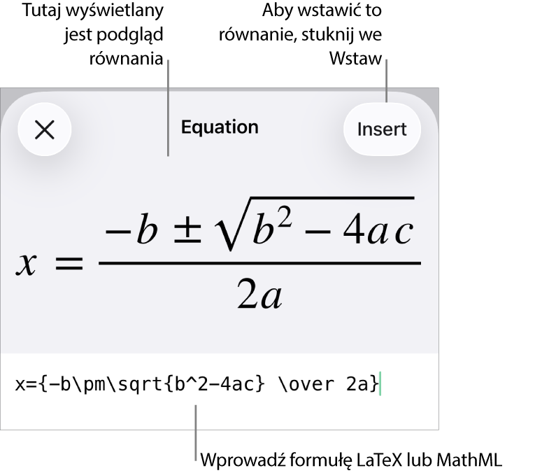 Pole dialogowe Równanie, zawierające równanie zapisane przy użyciu języka MathML. Powyżej widoczny jest podgląd tego równania.