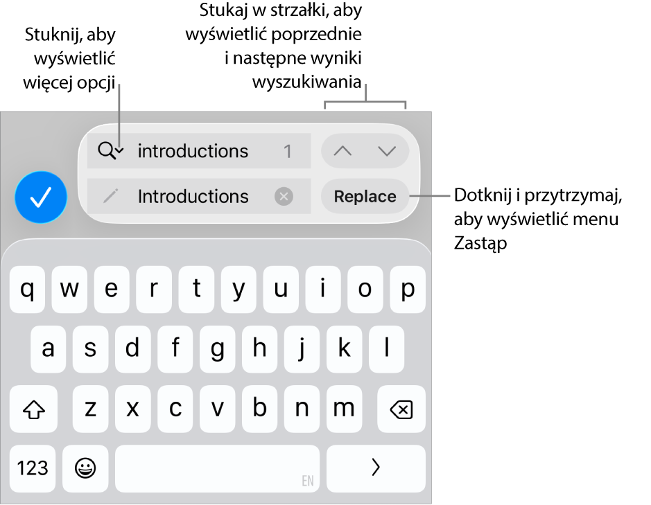 Narzędzia Znajdź i zastąp nad klawiaturą. Objaśnienia wskazują przyciski Opcje wyszukiwania, Zastąp, Do góry oraz W dół.