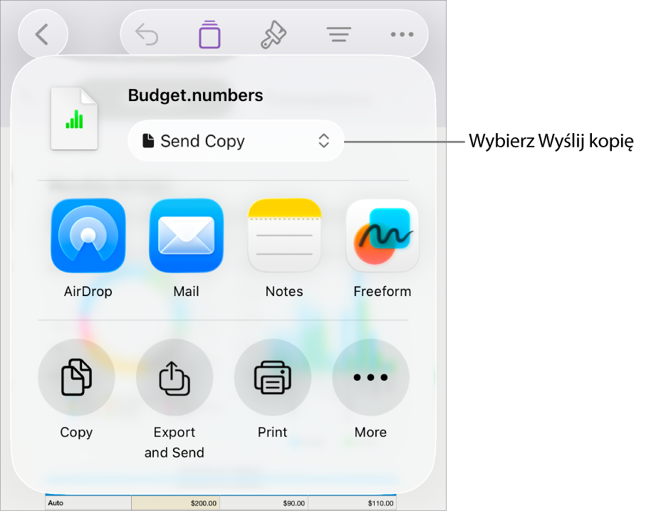 Menu udostępniania z wybraną opcją Wyślij kopię (na górze).