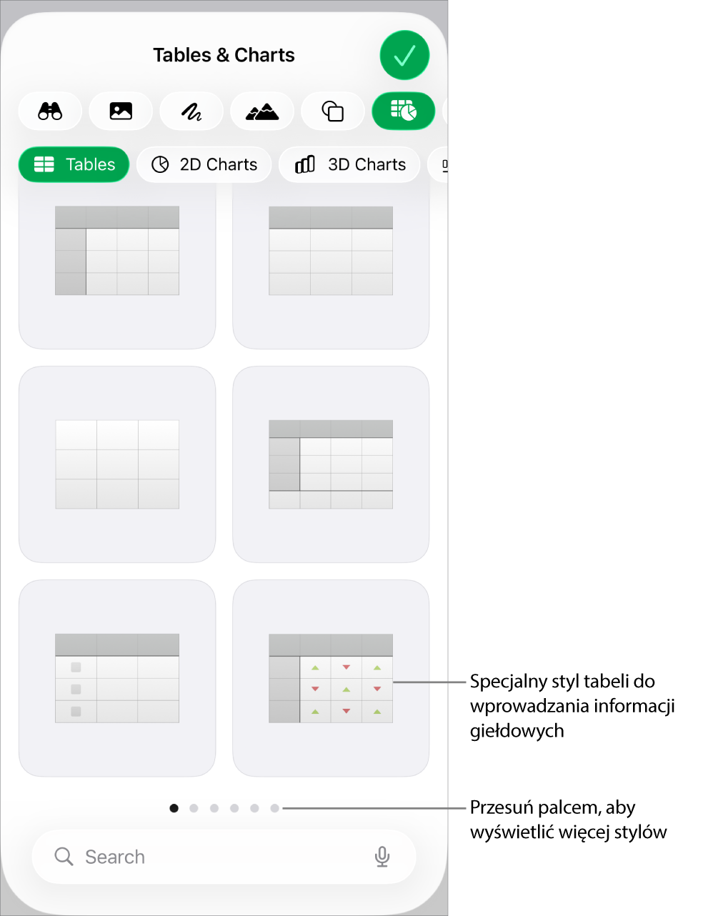 Zaznaczony przycisk Tabela, poniżej którego widoczne są style tabel.