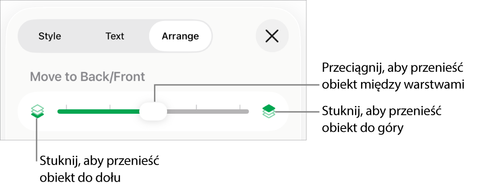 Przycisk przenoszenia niżej, przycisk przenoszenia wyżej i suwak warstw.