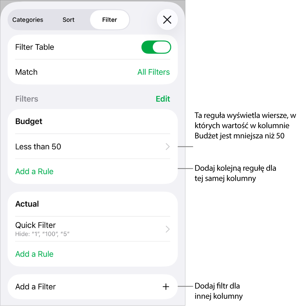 Narzędzia do dodawania nowych reguł filtrowania lub edycji istniejących.
