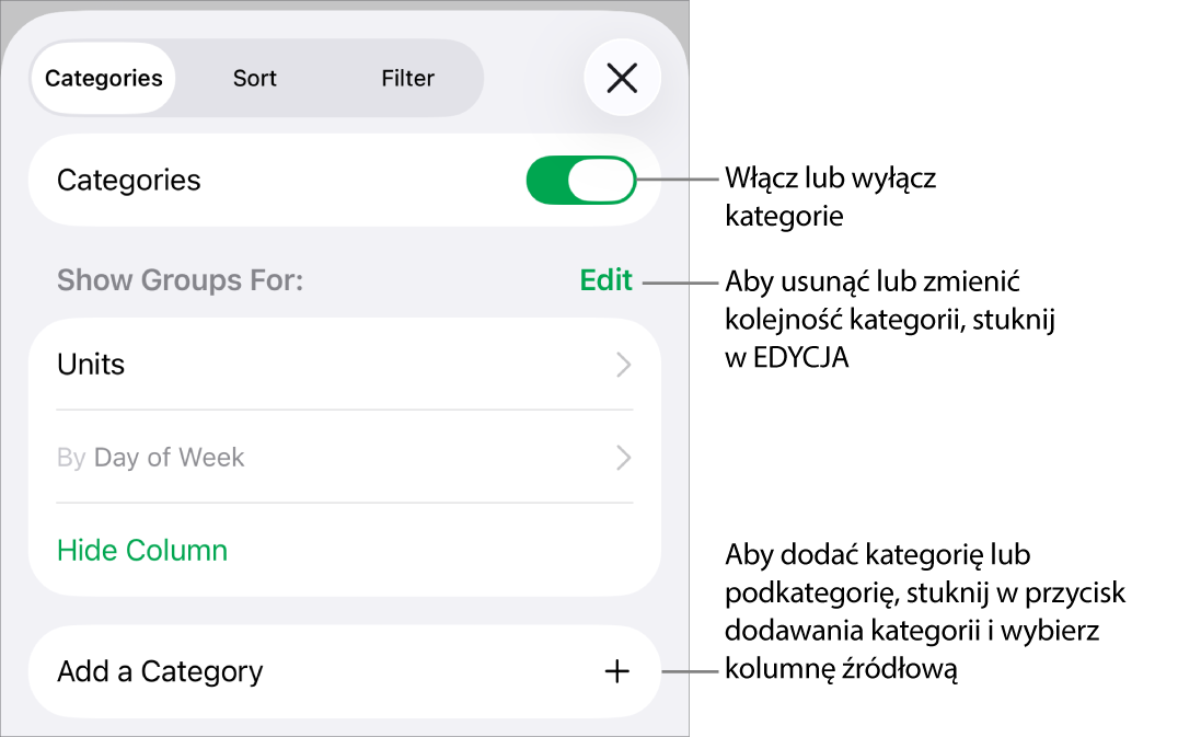 Menu Kategorii dla iPhonie z opcjami wyłączania lub usuwania kategorii, przegrupowywania danych, ukrywania kolumny źródłowej oraz dodawania kategorii.