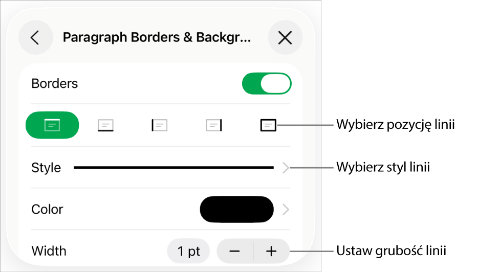 Narzędzia zmieniania stylu, grubości, pozycji i koloru linii.