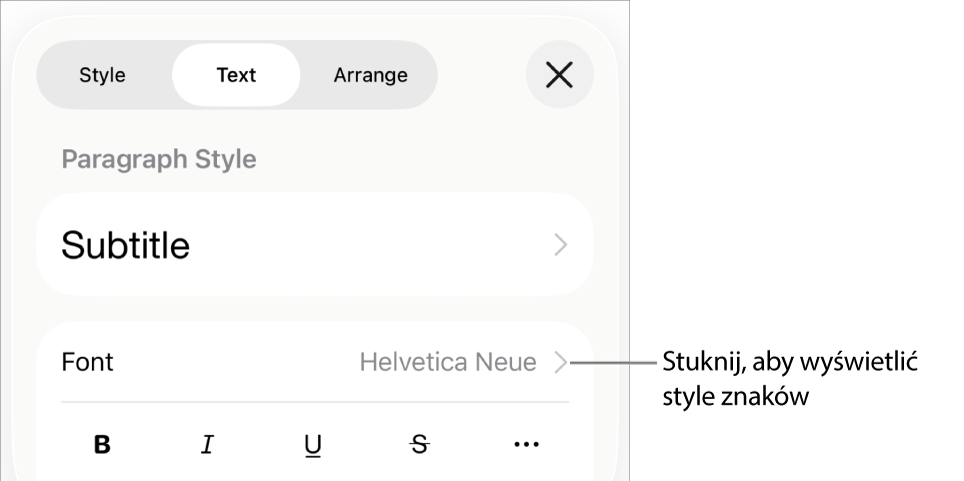 Narzędzia formatowania. Na samej górze widoczne są style akapitu, a poniżej znajdują się narzędzia czcionki. Pod narzędziami czcionki widoczne są przyciski Pogrubienie, Kursywa, Podkreślenie, Przekreślenie oraz Więcej opcji tekstu.
