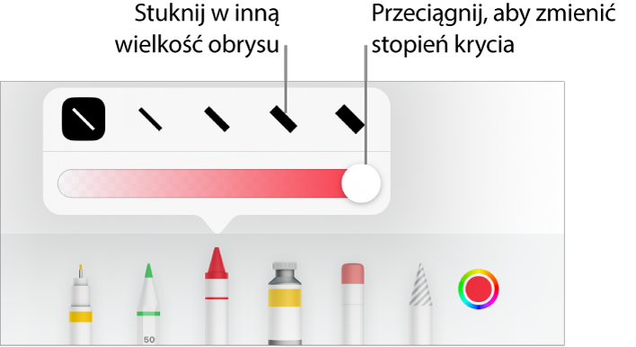 Narzędzia do ustawiania grubości kreski oraz suwak do ustawiania stopnia krycia.