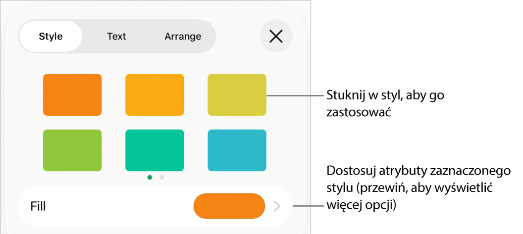Karta Styl w menu Format, zawierająca na górze style kształtów, a poniżej pole koloru wypełnienia.