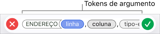 Editor de Fórmulas mostrando uma função com tokens de argumento.
