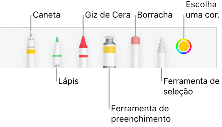 Barra de ferramentas de desenho no Numbers do iPhone com caneta, lápis, giz de cera, ferramenta de preenchimento, borracha, ferramenta de seleção e quadro de cores mostrando a cor atual.