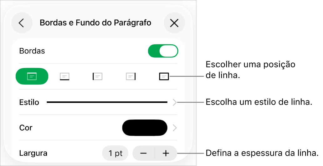 Controles para alterar o estilo, a espessura, a posição e a cor da linha.