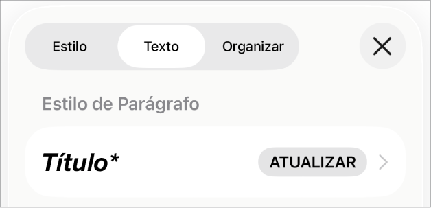 Um estilo de parágrafo com um asterisco ao lado e um botão Atualizar à direita.