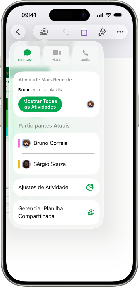 Menu de colaboração mostrando os nomes das pessoas que estão colaborando na planilha.
