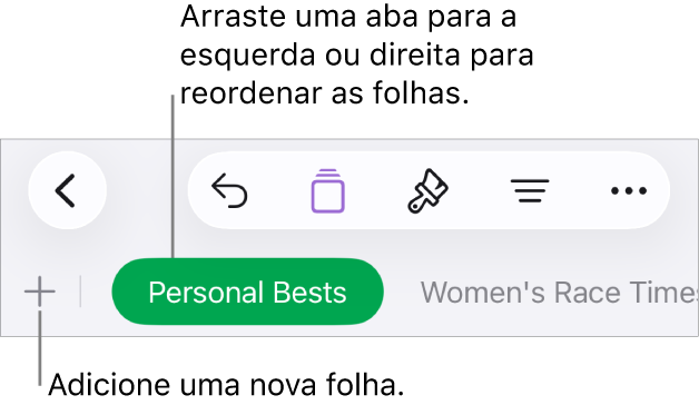 Barra de abas para adicionar uma nova folha, navegar, reorganizar e reorganizar folhas.