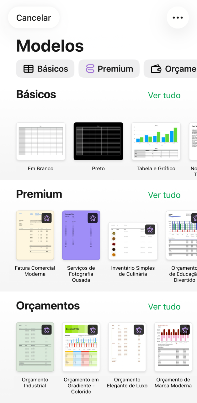 Seletor de modelos, mostrando uma linha de categorias na parte superior na qual você pode tocar para filtrar as opções. Abaixo estão miniaturas de modelos predefinidos organizadas em linhas por categoria, começando com Básico na parte superior e seguidas por Finanças Pessoais, Pessoal e Negócio. O botão Ver Tudo aparece acima e à direita de cada linha de categoria. O botão Cancelar está no canto superior esquerdo.