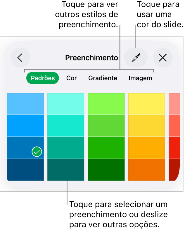 Opções de preenchimento na aba Estilo do botão Formatar.